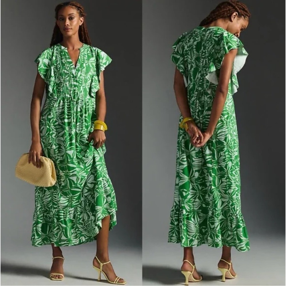 Maeve Green White Floral Maxi Dress